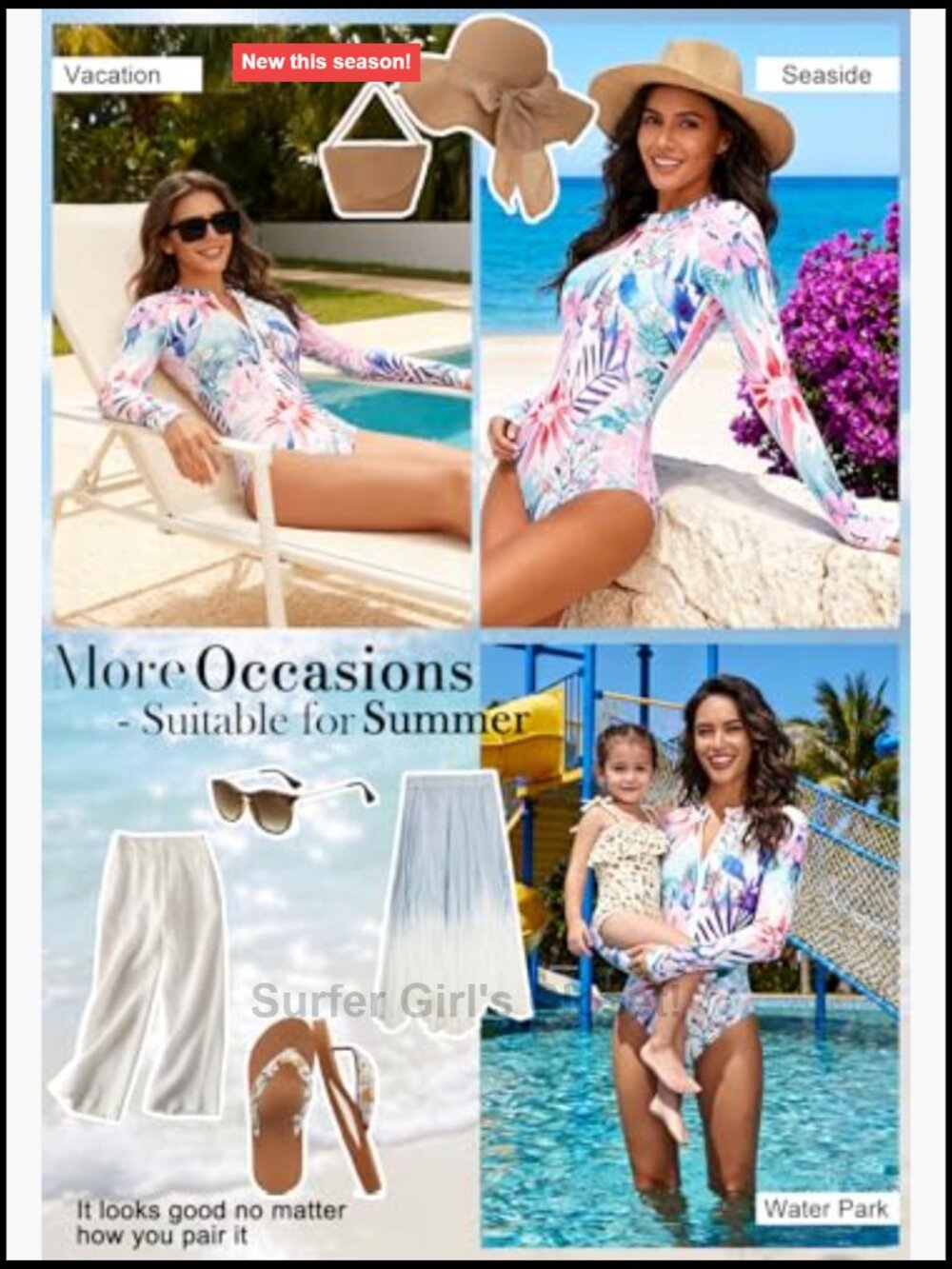 Long Sleeve UPF 50+ One Piece Rash Guard Swimsuit with Detachable Pads - Picture 2 of 7
